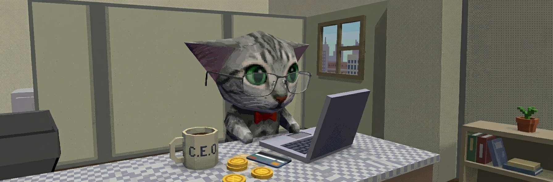 ASHCAT typing at his office desk, laptop, a coffee mug that says C.E.O., coins and a card on the table